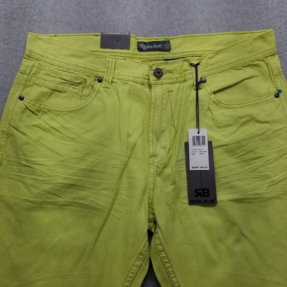 Royal Blue Shorts Mens 38 Neon Yellow Chino Pockets Casual Cotton Outdoor - Picture 2 of 9